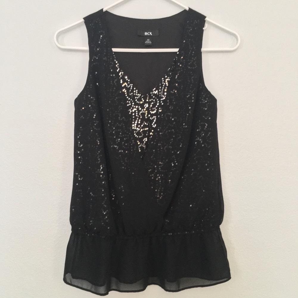 BCX Black Sequin Chiffon Drape Sleeveless Top